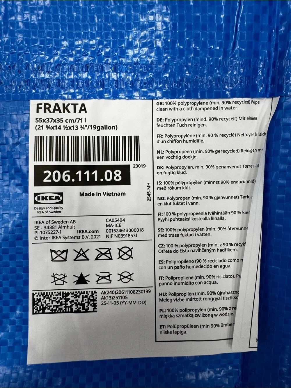 3-Pack IKEA Frakta Large Reusable Tote Bag 21.75 X 14.5 X 13.75” 19 Gallon